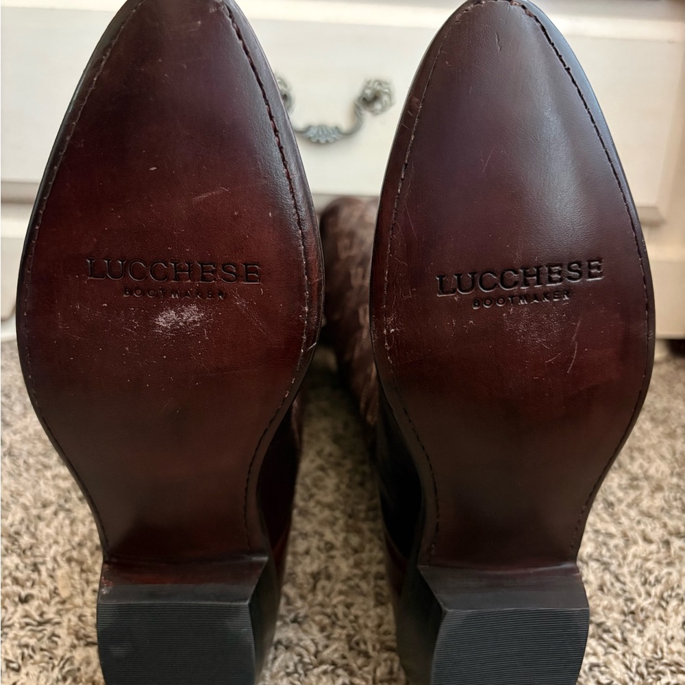 Lucchese Brown Leather Tall Western Boots with Embroidery - Picture 4 of 7